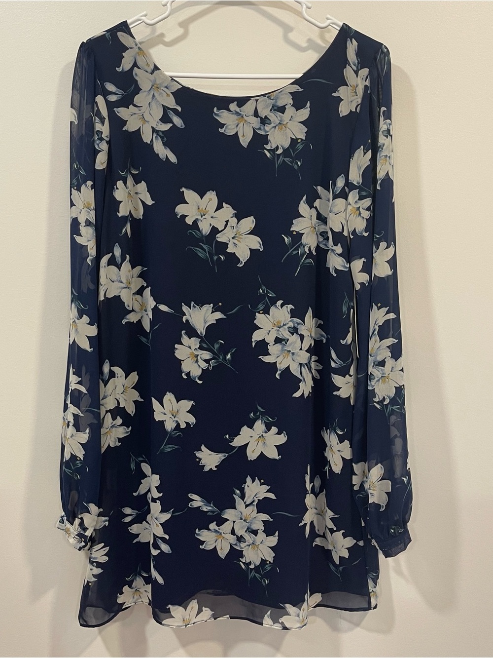 NWT Lulus This Time Around Navy Blue Floral Print Long Sleeve Shift Dress Large